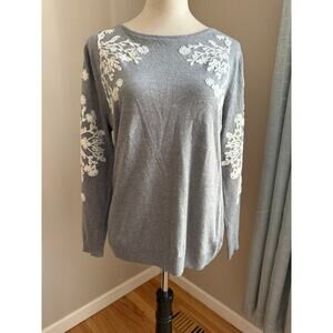 Market & Spruce Gray Embroidered Floral Knit Sweater Size M Cottagecore Coquette